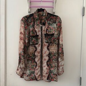 Floral Button-Up Tunic Shirt with Black Accents